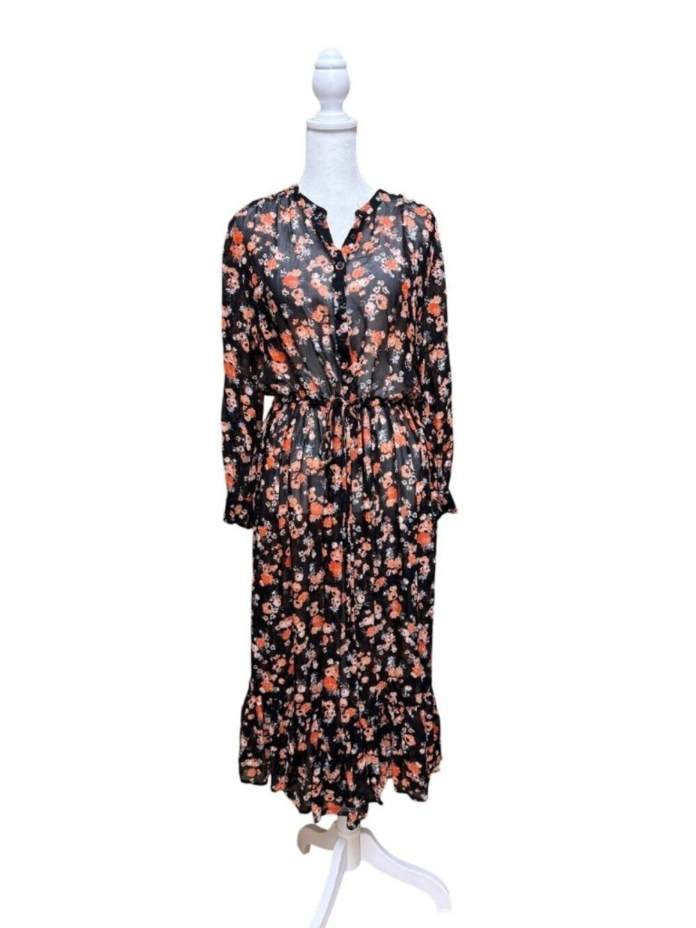 Lucky Brand Floral Sheer Boho Midi Dress Black Orange Size M